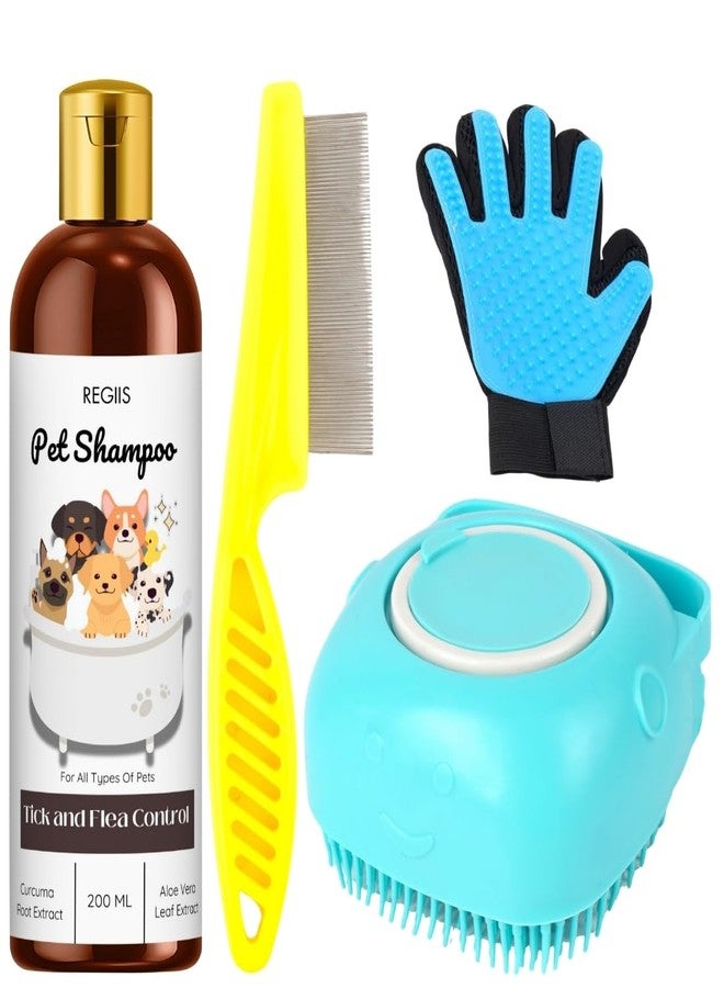 Regiis Pet Grooming Kit with Tick and Flea Control Shampoo, Deshedding Brush, Grooming Glove, Metal Comb for Dogs, Blue(PACK OF 4) - Image 1